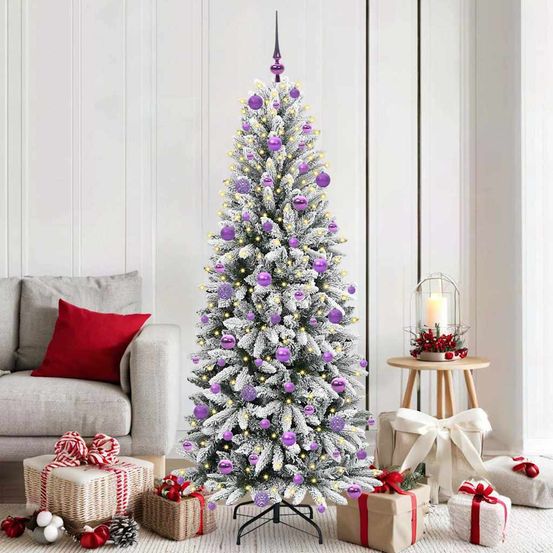 Kit sapin de noël blanc floqué 180 cm, arbre artificiel décoré avec guirlande led et boules