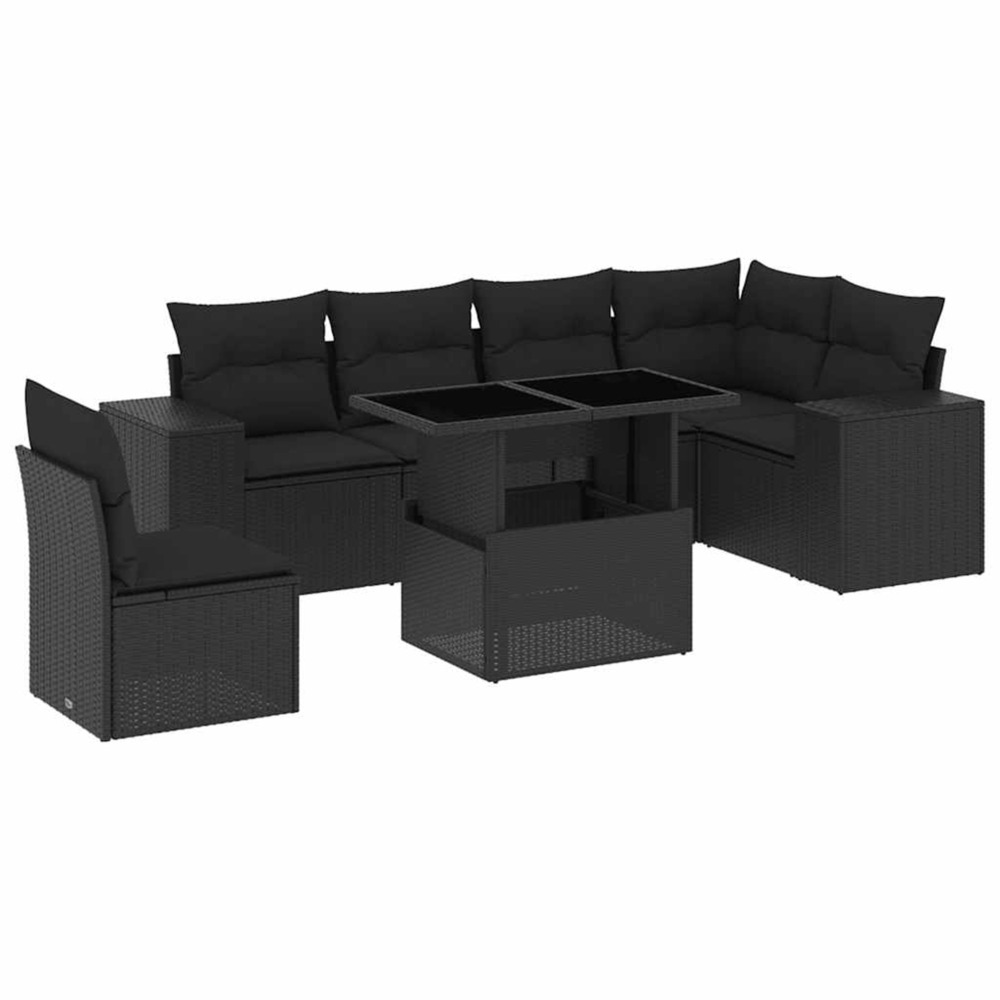 Salon de jardin 7 pcs avec coussins noir résine tressée