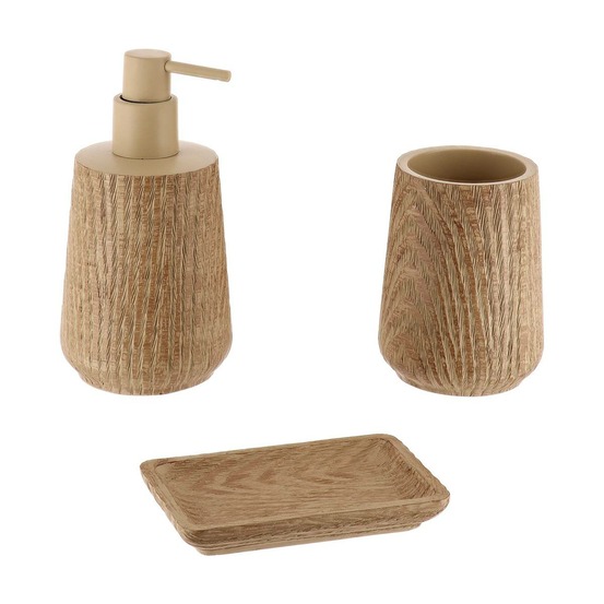 Set gobelet distributeur a savon et porte savon polyresine effet bois - naturel