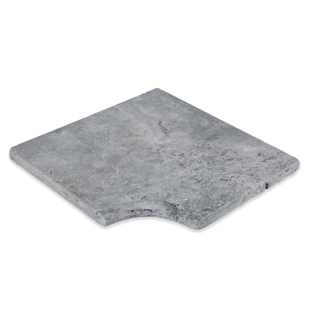 Margelle angle rentrant travertin gris 1er choix 45,5x45,5x3cm bord 1/2 rond