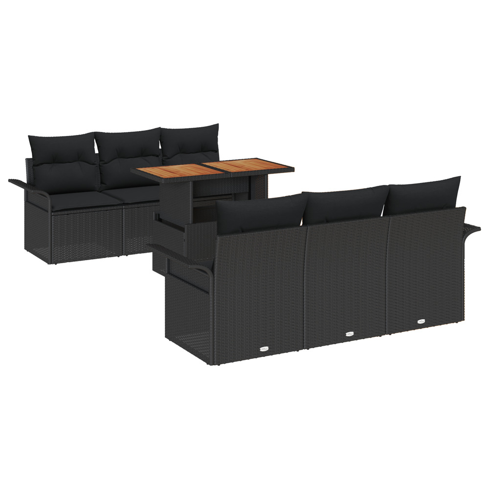 Ensemble de canapé de jardin 7 pièces avec coussins noir poly rattan acacia
