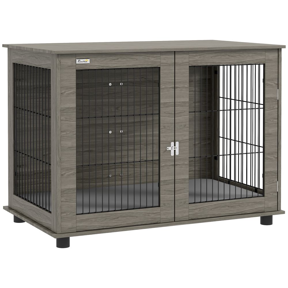 Cage intérieur acier bois grand chien table appoint coussin déhoussable 100x60x73cm gris