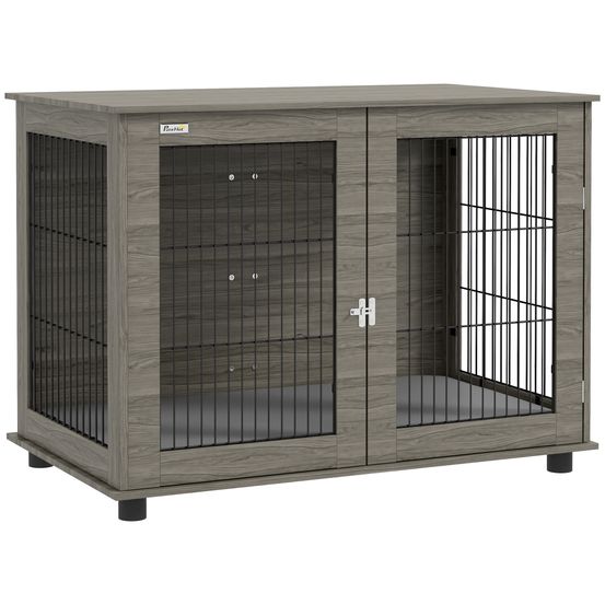 Cage intérieur acier bois grand chien table appoint coussin déhoussable 100x60x73cm gris