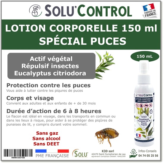 Solu'control lotion répulsive anti puce 150 ml - spécial piqures - sans deet - corps et visage