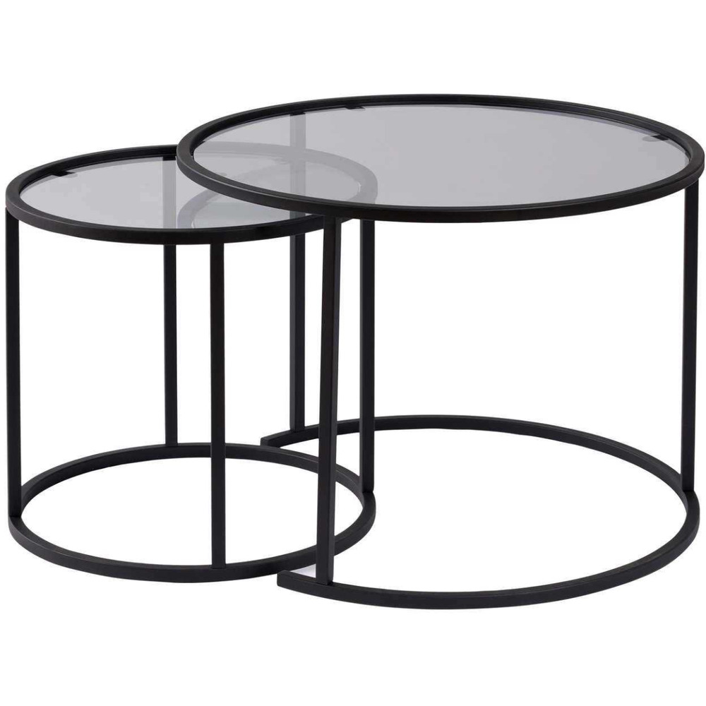 Ensemble de 2 tables gigognes rondes en métal et verre aurum noir avec verre gri