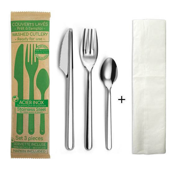 Leaves - 12 sachets prêts à l'emploi de 3 couverts avec serviette