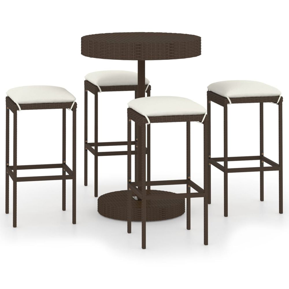 Ensemble bar de jardin 5 pcs et coussins résine tressée marron