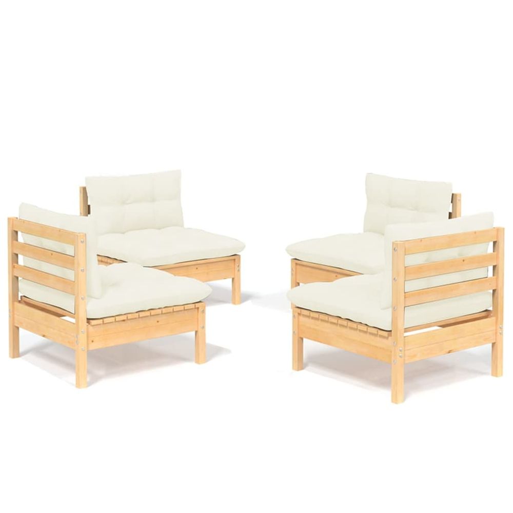 Salon de jardin 4 pcs avec coussins crème bois de pin