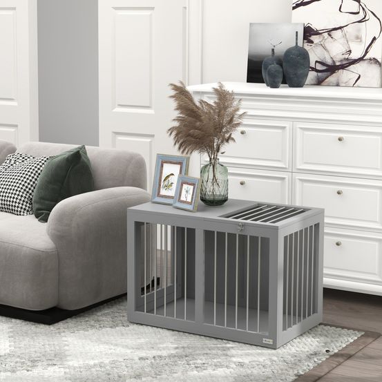 Cage chien intérieur meuble solide mdf acier 2 portes 80cm gris