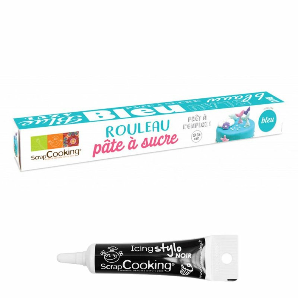 Pâte à sucre en rouleau bleu 430 g + stylo de glaçage noir