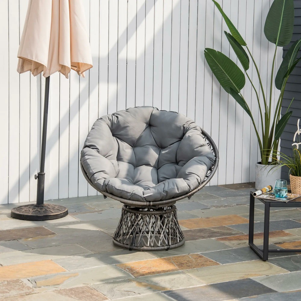 Fauteuil rond de jardin fauteuil papasan pivotant grand confort ø 97 x 86h cm grand coussin fourni polyester résine tressée gris
