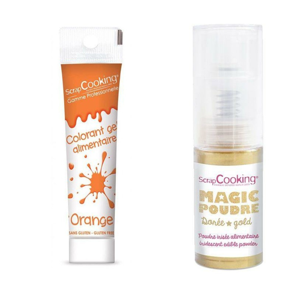 Gel colorant alimentaire orange + poudre alimentaire irisée dorée