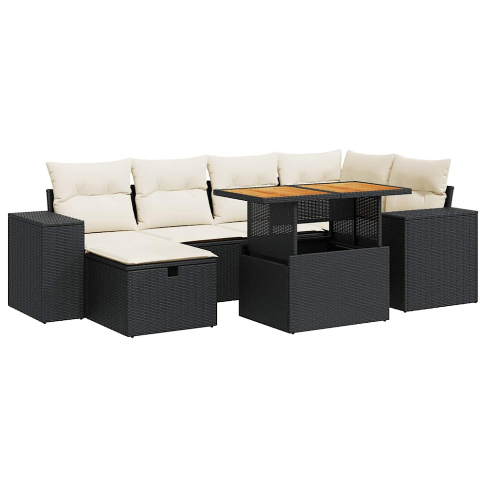Salon de jardin avec coussins 8 pcs noir résine tressée acacia