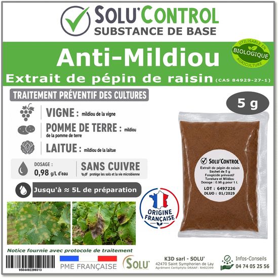 Solu'control extrait de pépins de raisin 5 g - substance de base naturelle - anti mildiou vigne pomme de terre laitue - sans cuivre