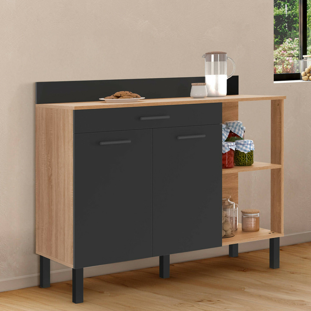 Buffet bas de cuisine 120 cm cina plan de travail h. 83 cm 2 portes + tiroir façon hêtre et noir