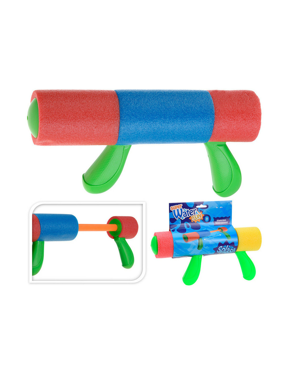 Pistolet a eau mousse 30cm avec 2 manches. Couleurs assorties. Euro/u