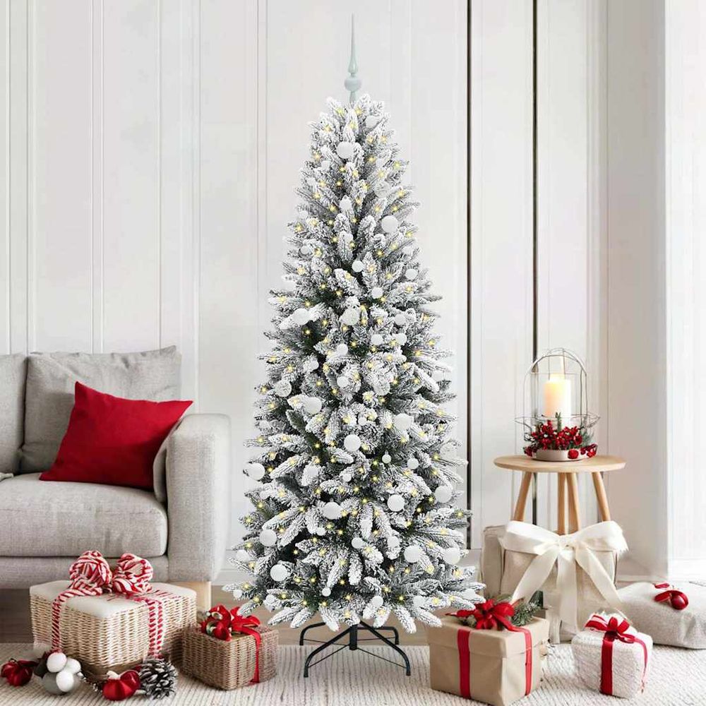 Sapin artificiel 180 cm effet neige, décoration de fête complète avec 300 led et boules