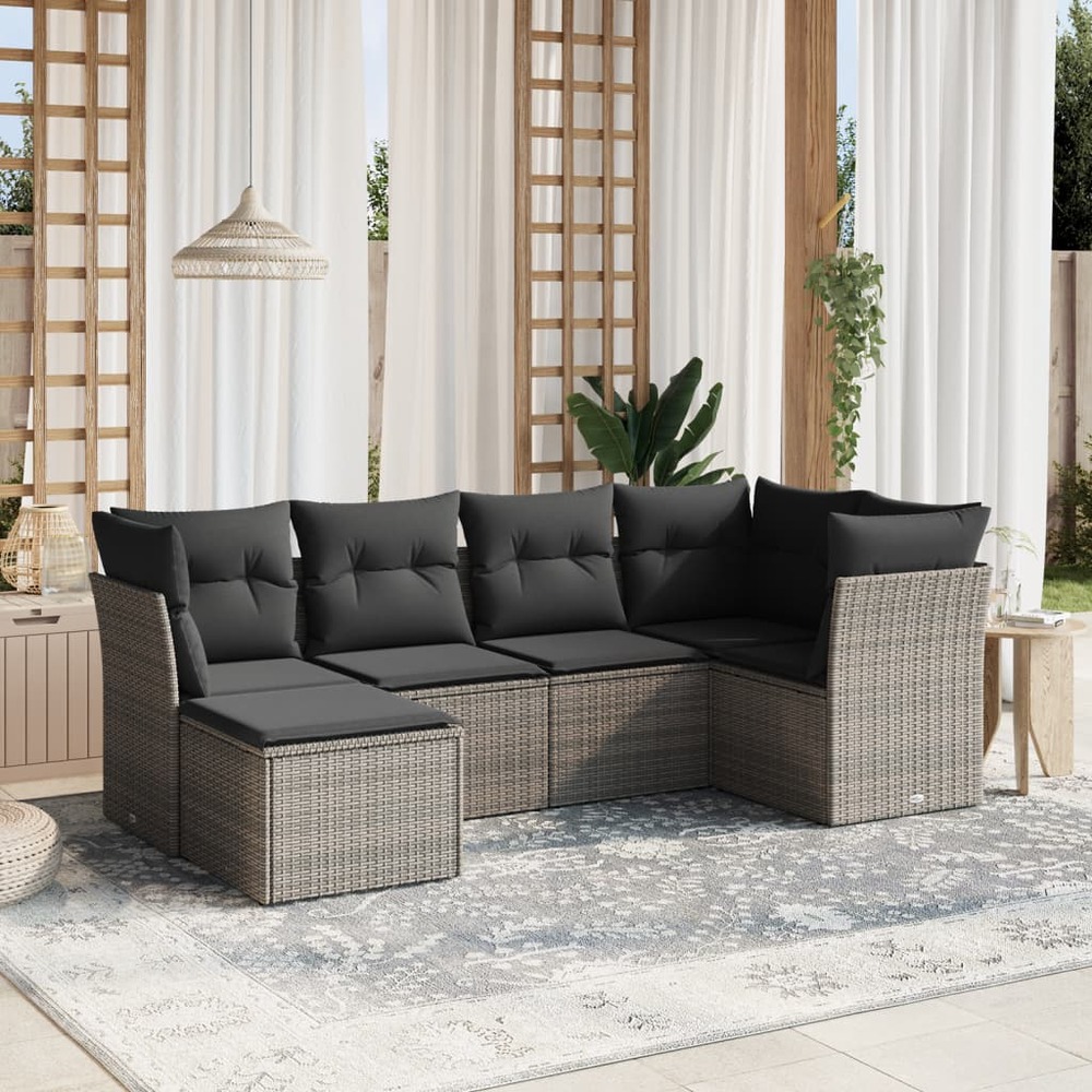 Salon de jardin 6 pcs avec coussins gris résine tressée