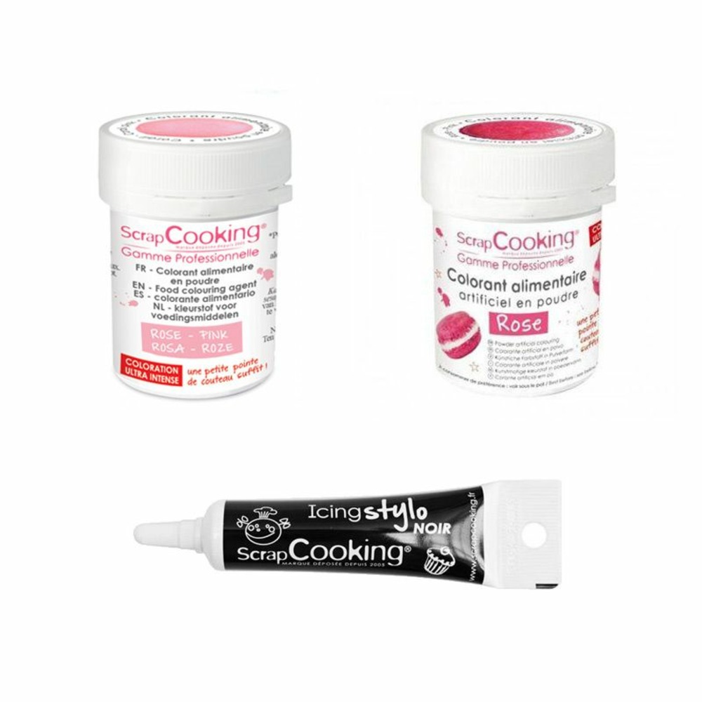 2 colorants alimentaires rose poudré-rose + stylo glaçage noir