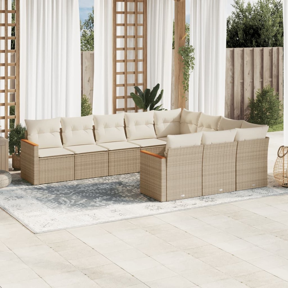 Salon de jardin avec coussins 10 pcs beige résine tressée