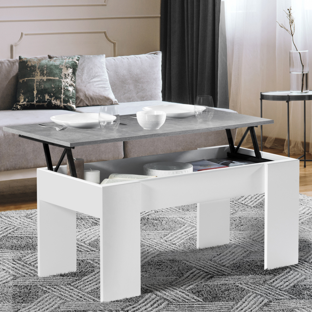 Table basse plateau relevable rectangulaire tara bois blanc et effet béton