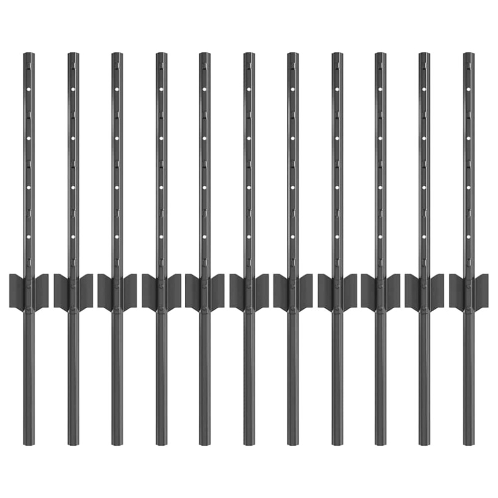 Poteau de clôture. 11 pcs gris 40 cm acier