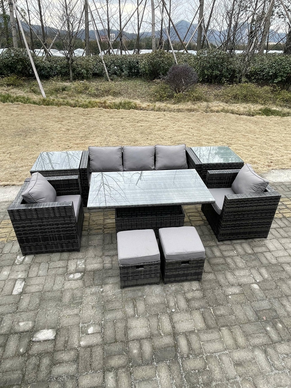 Rattan meubles de jardin table à manger réglable canapé set de chaises 2 tables basses avec 2 tabourets