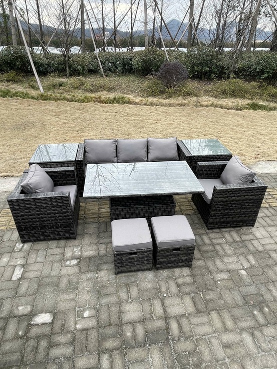 Rattan meubles de jardin table à manger réglable canapé set de chaises 2 tables basses avec 2 tabourets