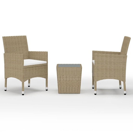 Ensemble de bistro 3 pcs résine tressée et verre trempé beige