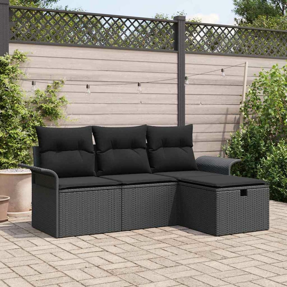 Ensemble de canapé de jardin avec coussin 4 pcs noir poly rotin