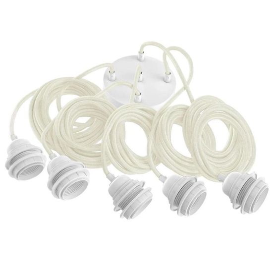 Suspension hang luminaire 5 cordes - lin blanc douilles blanches