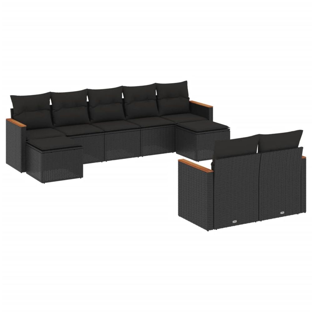 Salon de jardin 9 pcs avec coussins noir résine tressée