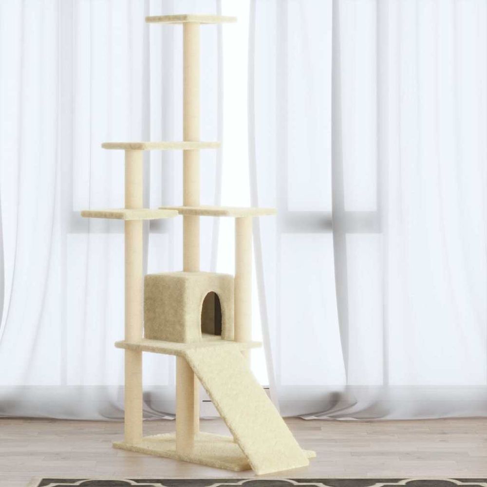 Arbre à chat multi-niveaux 155 cm avec rampe griffoir crème