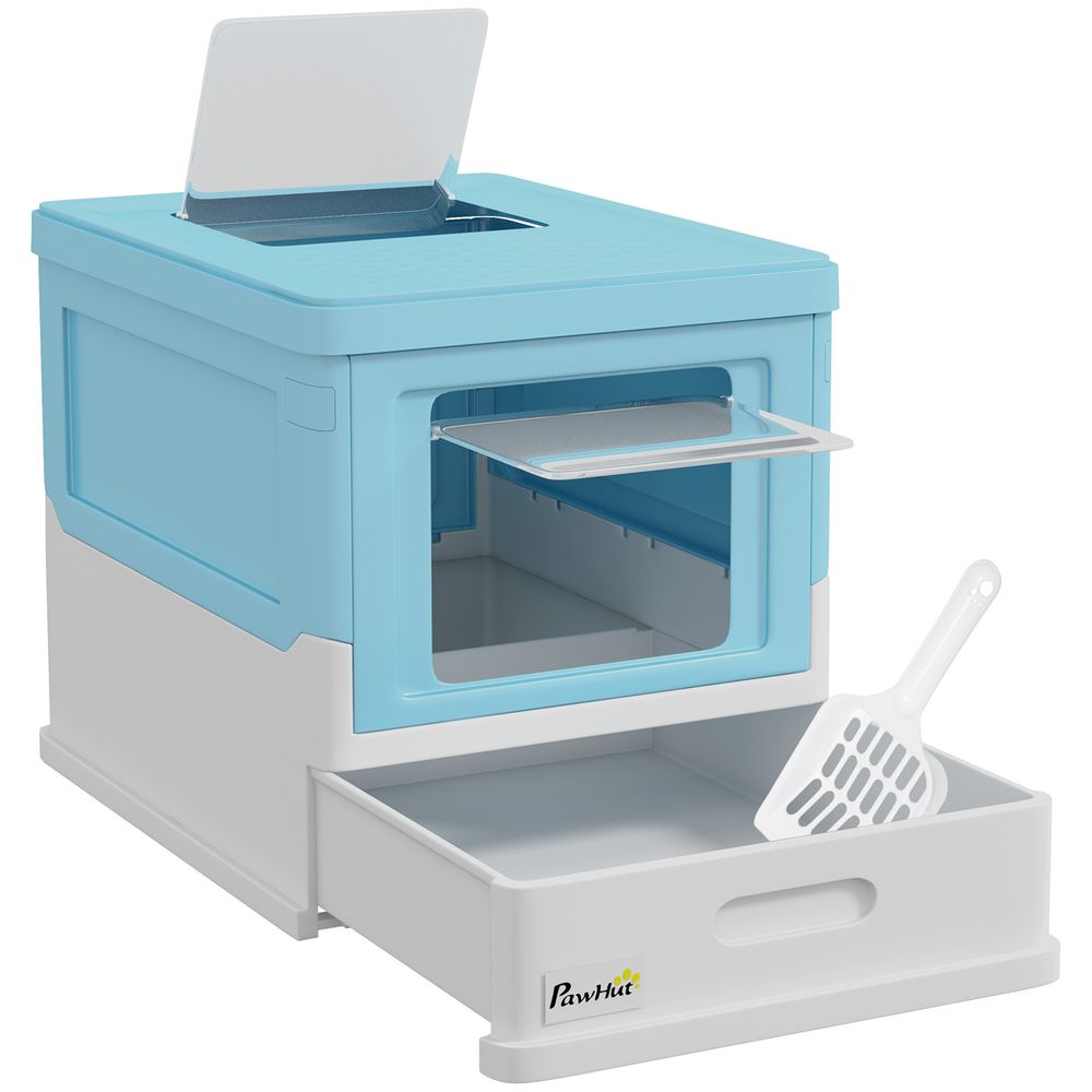 Maison de toilette pliable pour chat avec tiroir et pelle anti-odeur bleu