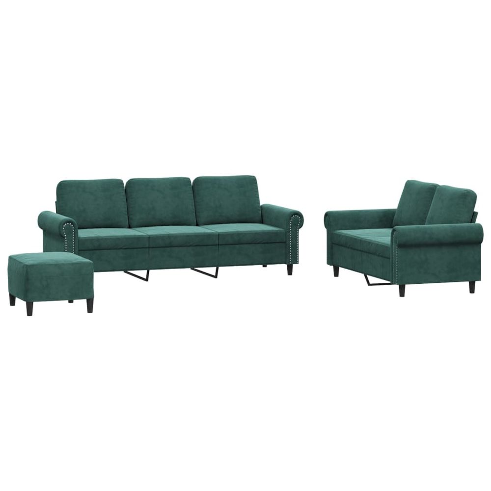 Ensemble de canapés 3 pcs avec coussins vert foncé velours