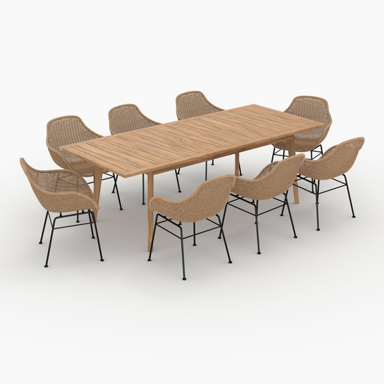 Carmela-table et chaises de jardin 8 personnes en bois de teck, résine tressée
