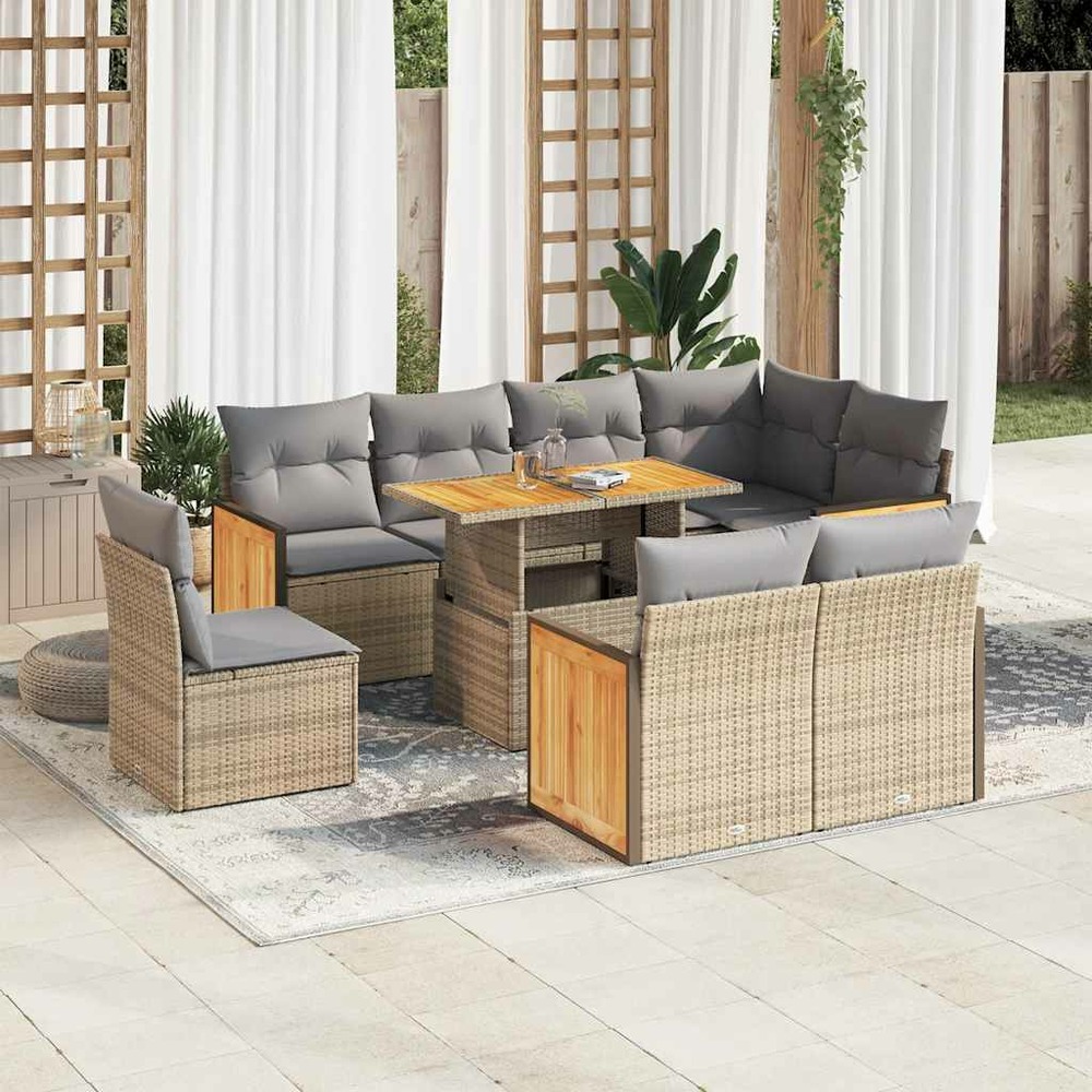 Salon de jardin avec coussins 9 pcs beige résine tressée acacia