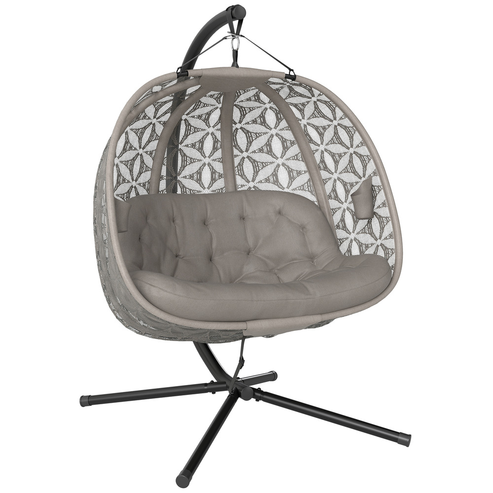 Chaise suspendue avec cadre pour 2 personnes, panier suspendu pliable avec coussins épais, porte-gobelets, ceinture de sécurité