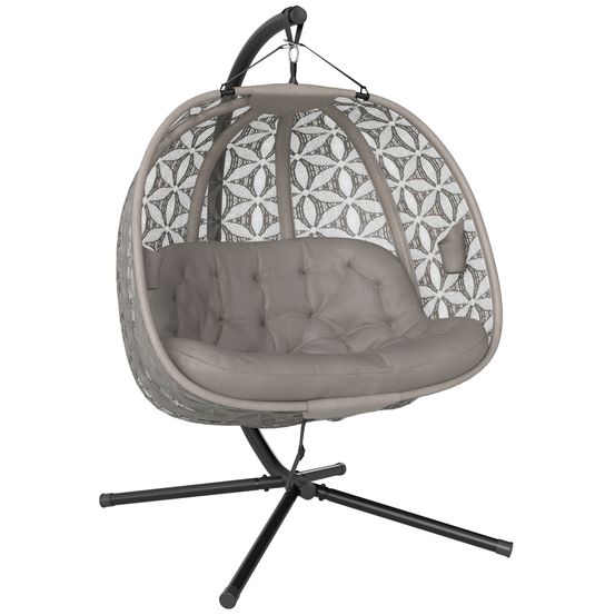 Chaise suspendue avec cadre pour 2 personnes, panier suspendu pliable avec coussins épais, porte-gobelets, ceinture de sécurité