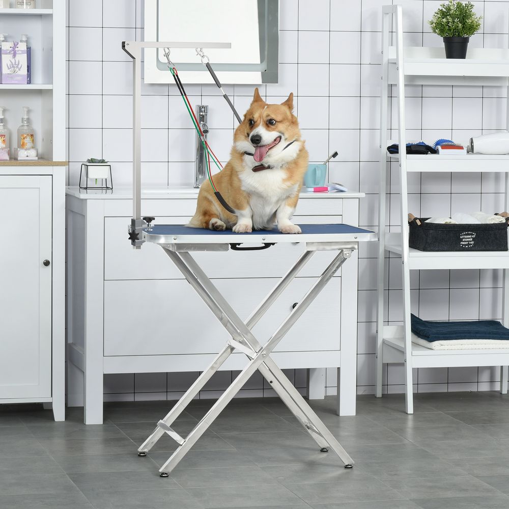 Bras de toilettage aluminium inox 36 x 8 x 74 cm pour chiens réglable pliable avec sangles de maintien