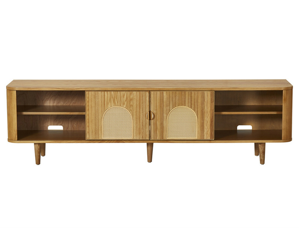 Milazzo - meuble tv - bois plaqué chêne et cannage - 4 niches et 2 portes - 180 cm