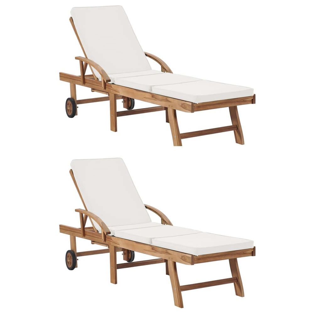 Lot de 2 transats chaise longue bain de soleil lit de jardin terrasse meuble d'extérieur avec coussins bois de teck solide cr