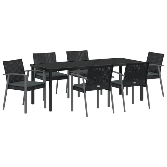 Ensemble de salle à manger de jardin 7 pièces avec coussins en poly rotin noir