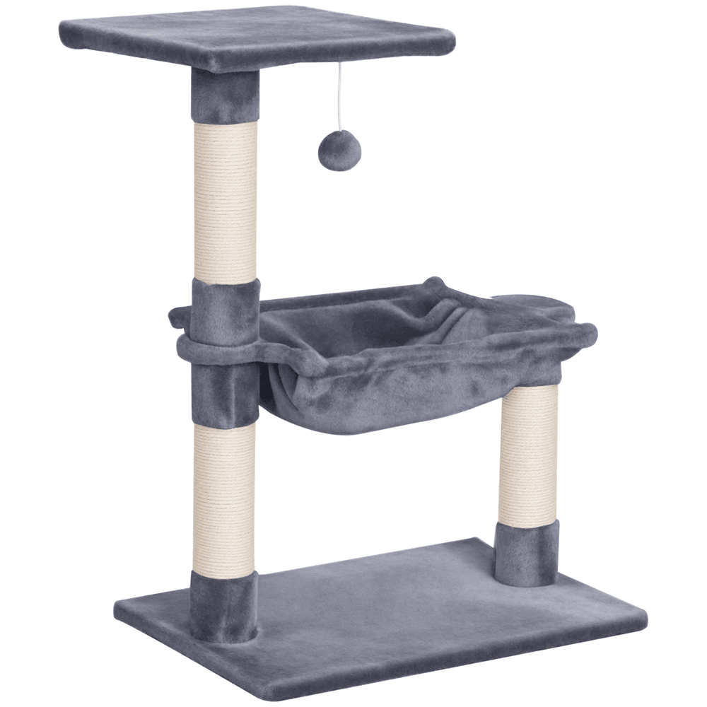 Petit arbre à chat avec hamac et plateforme griffoir poteaux en sisal et jouet suspendu 70 cm gris
