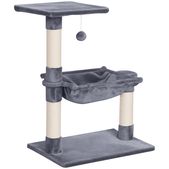 Petit arbre à chat avec hamac et plateforme griffoir poteaux en sisal et jouet suspendu 70 cm gris