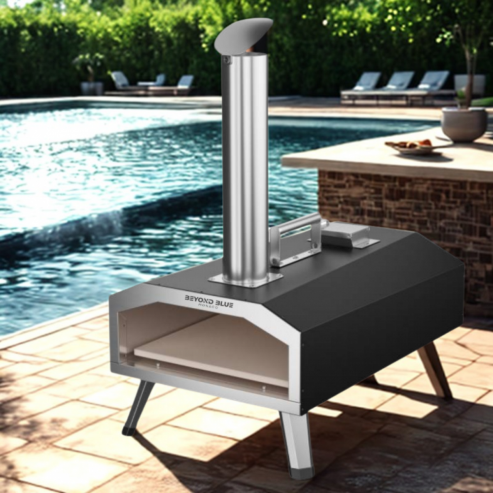 Four à pizza portable à bois pellet - acier inoxydable - noir et gris - avec roulette et pelle