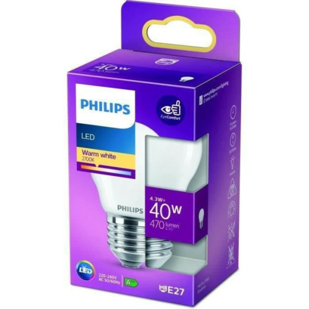 Philips led classic 40w sphérique e27 blanc chaud dépolie non dimmable
