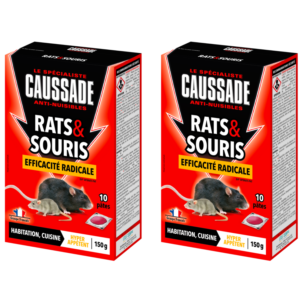 Caussade anti-rats & souris – 20 sachets pâtes prêts à l’emploi, efficacité radicale, usage lieux secs et humides, 2x150g