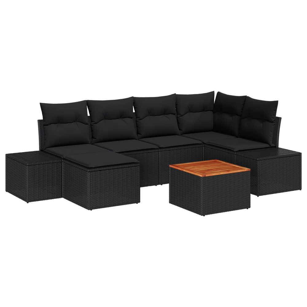 Ensemble de canapé de jardin 7 pièces avec coussins noir poly rattan