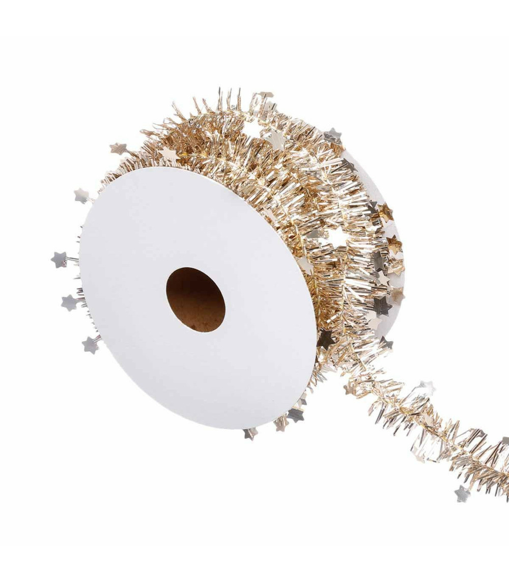 Deco sapin guirlande en rouleau fines avec étoiles 3 m or